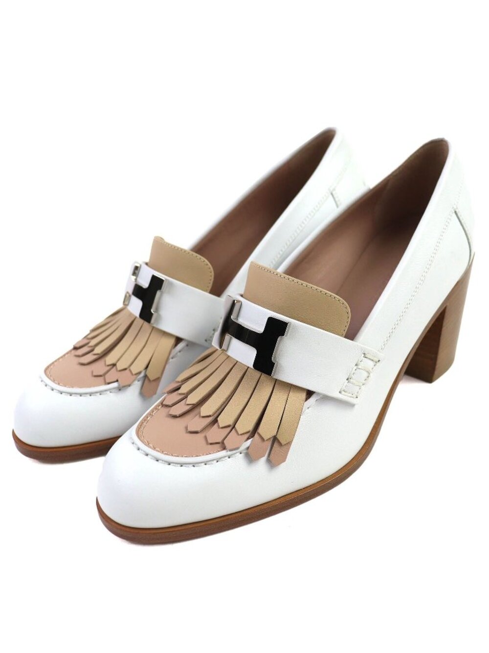 Hermes Constance Elysee 70 Silver Leather Pumps Chunky Heel White Beige